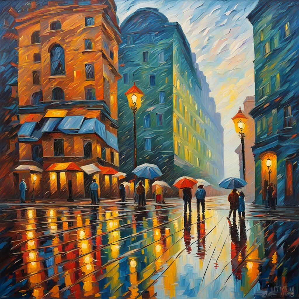 Angelic Building Reflection in Expressionist Oil Painting