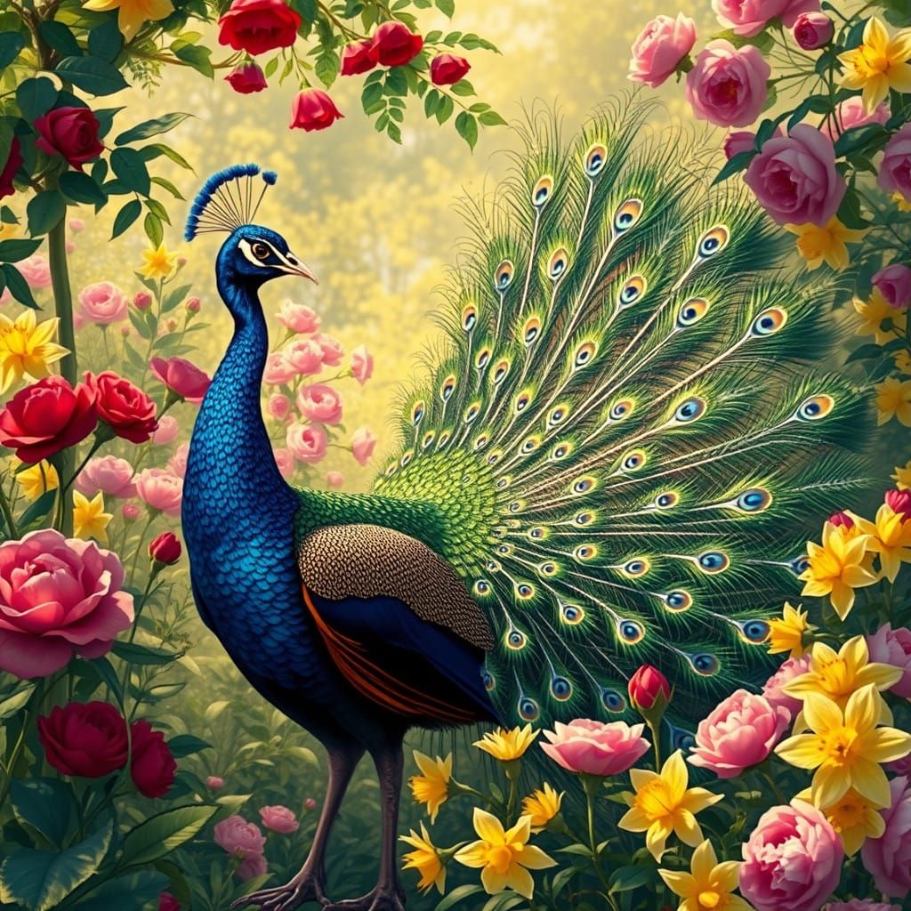 Splendid Peacock Unfurls in Vibrant Garden Tapestry