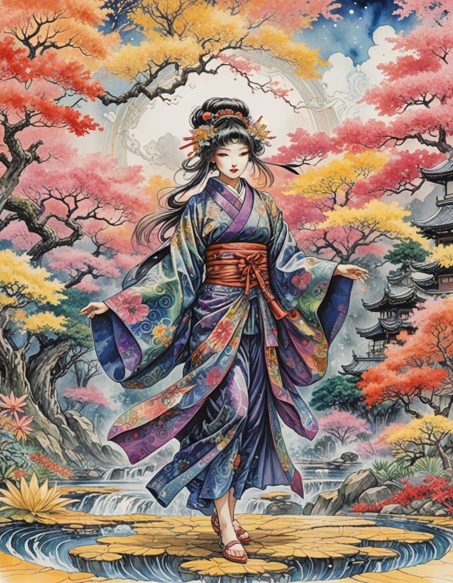 Mysterious Geisha Samurai in Psychedelic Japanese Garden