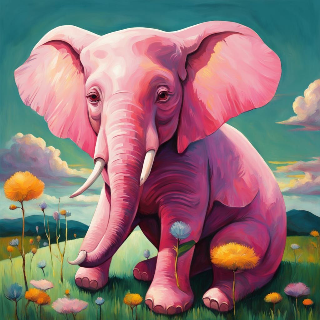 Naive Art Pink Elephant in Dreamlike Meadow