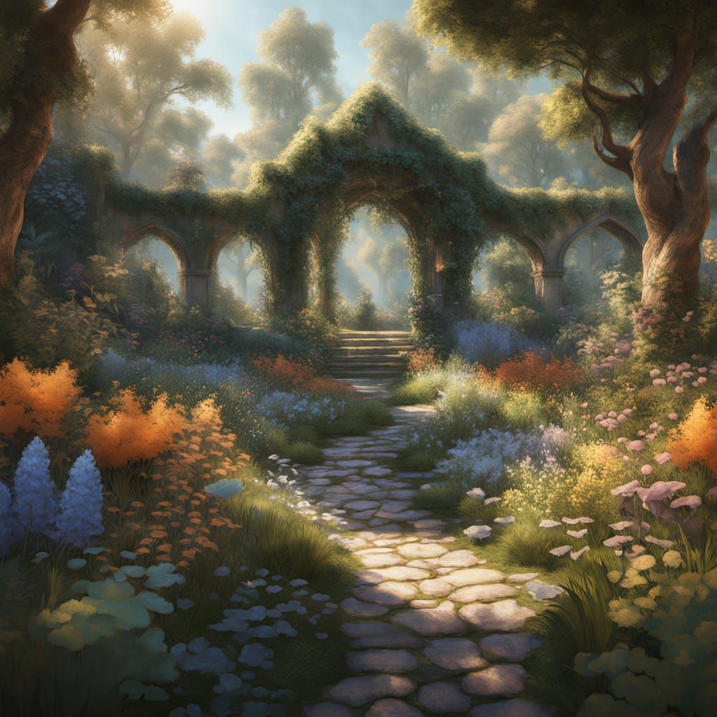 Impressionist Garden Oasis in Soft, Warm Light