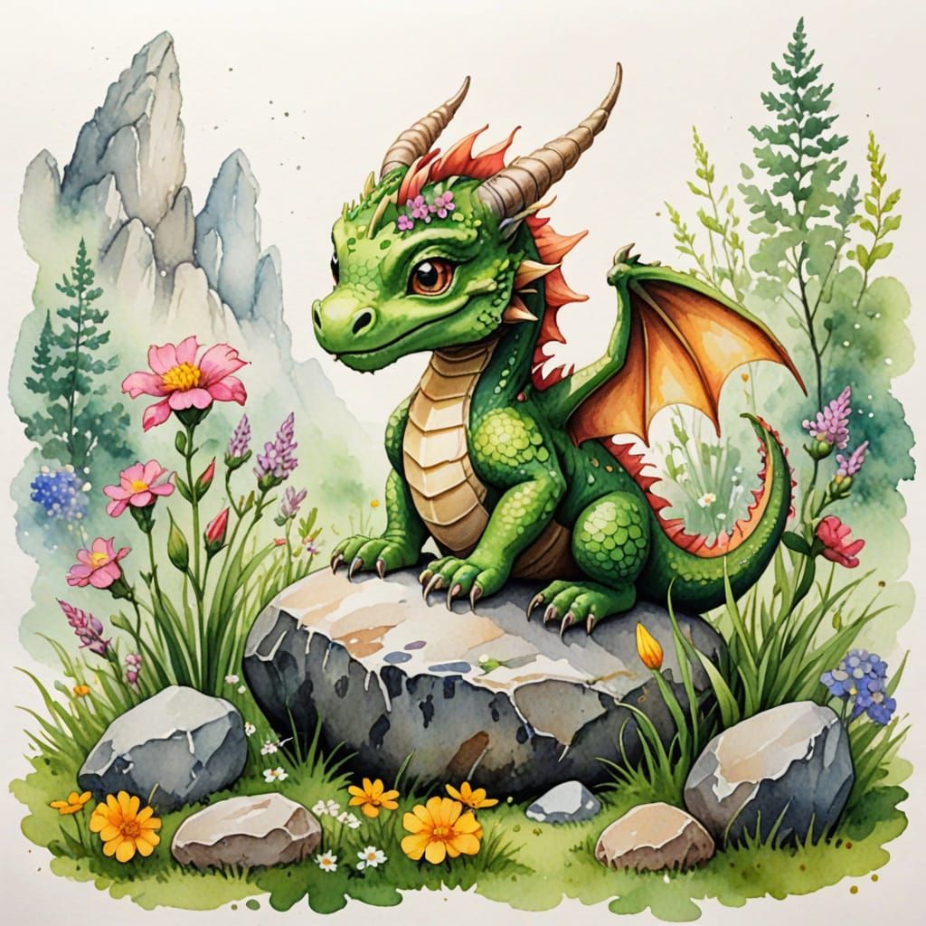 Watercolor Sketch of a Tiny Dragon