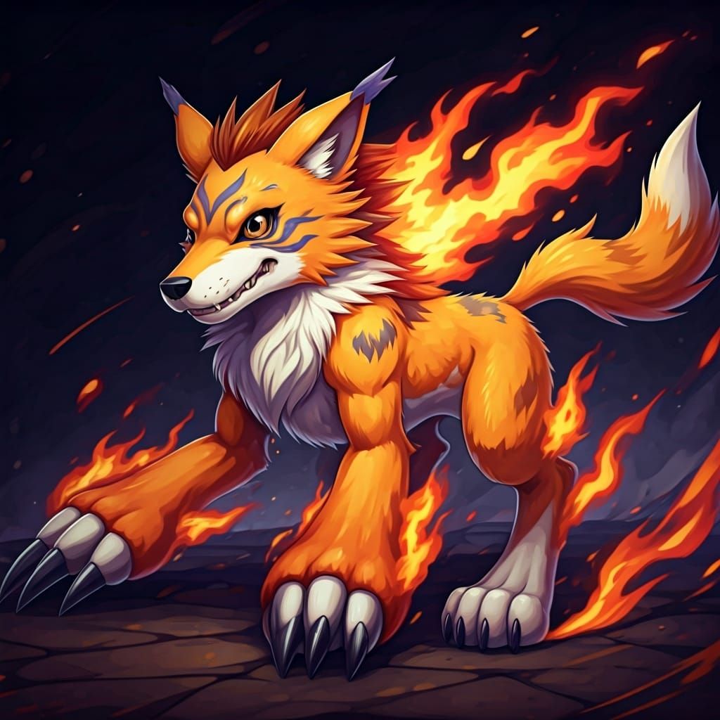 Fiery Wolf Pup Digimon in Anime Style
