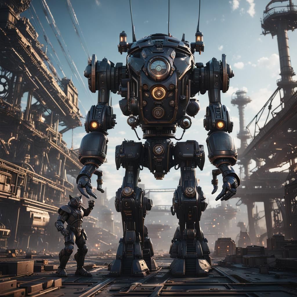 Black Cat Piloting Steampunk Mech Suit