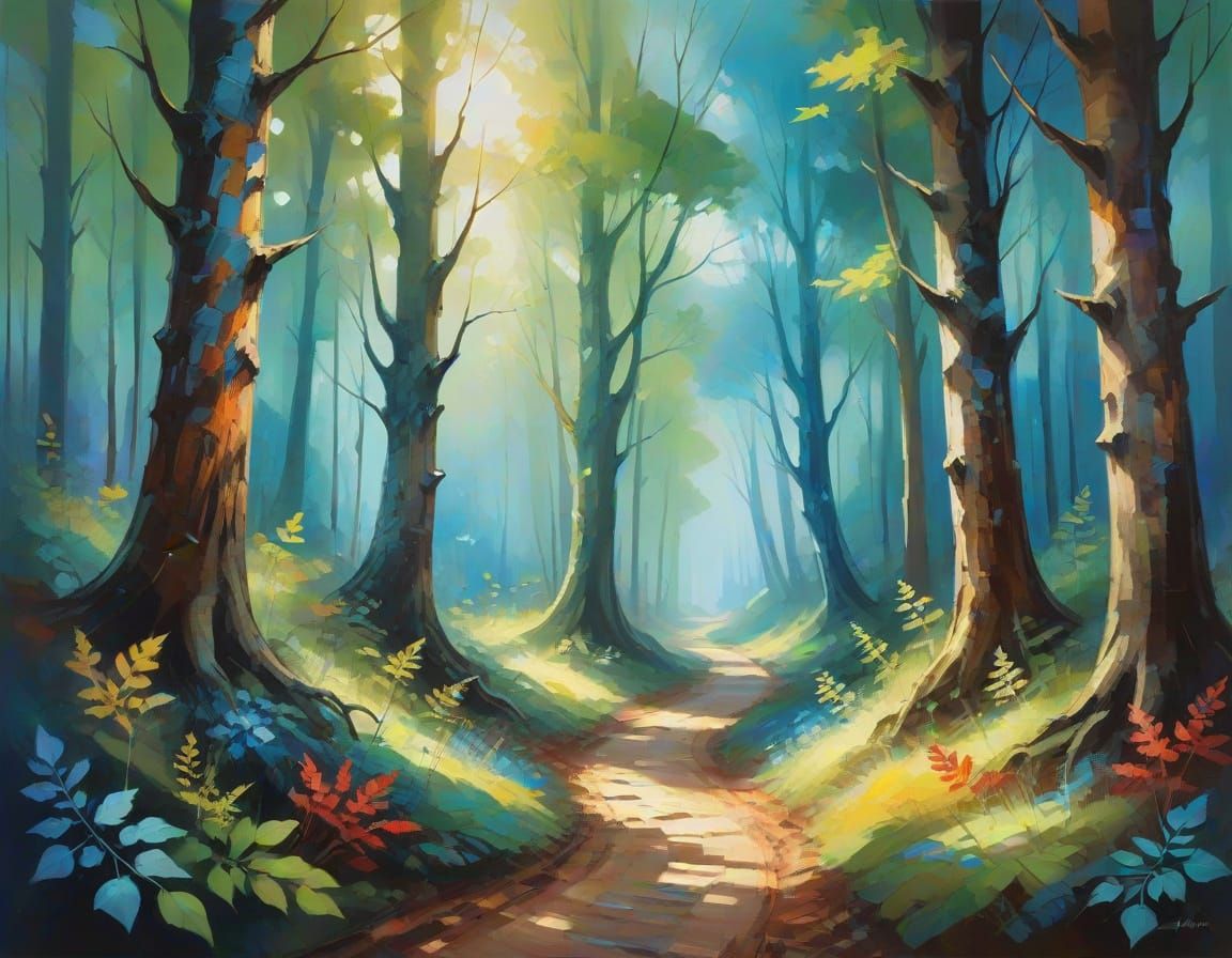 Ethereal Forest Path in Whimsical Acrylic Style