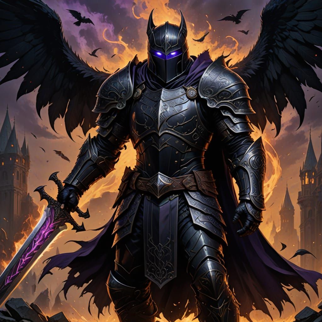 Dark Knight in Obsidian Armor Strides Under Raven Sky
