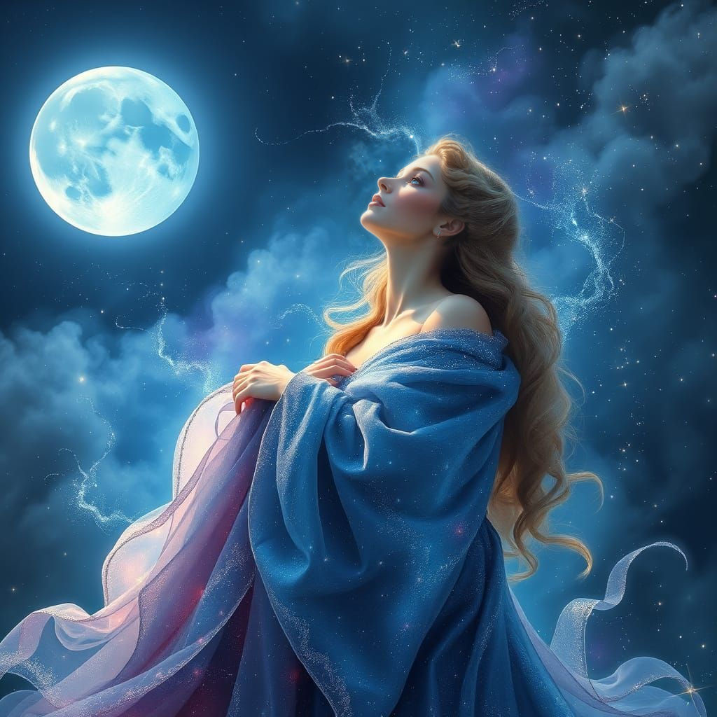 Celestial Goddess in a Galaxy Dress Admires the Blue Moon