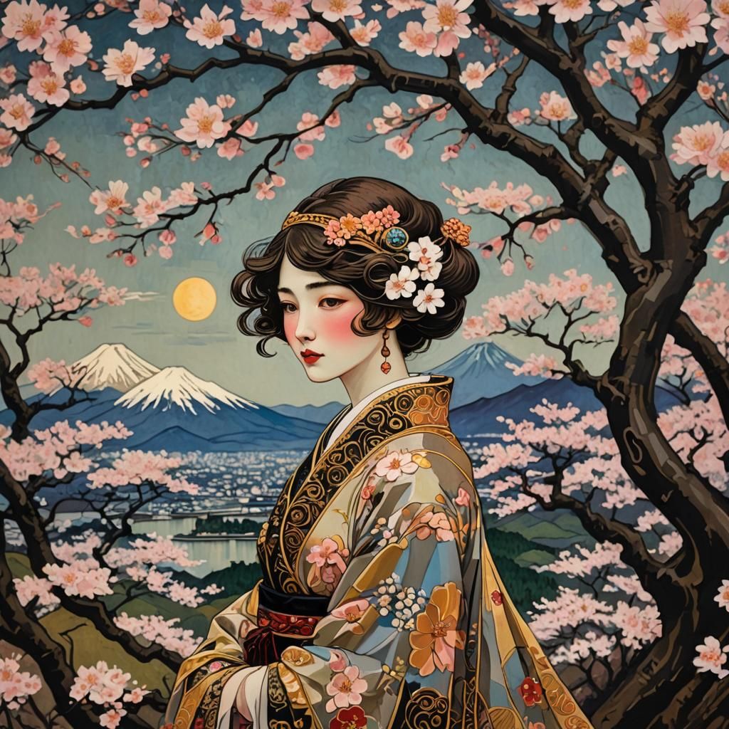Art nouveau, cherry blossom cameo with Mount Fuji in the bac...