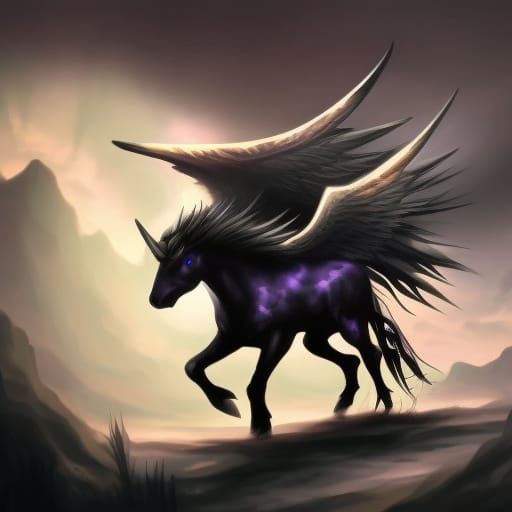 Dark Fantasy Black Unicorn with Purple Eyes