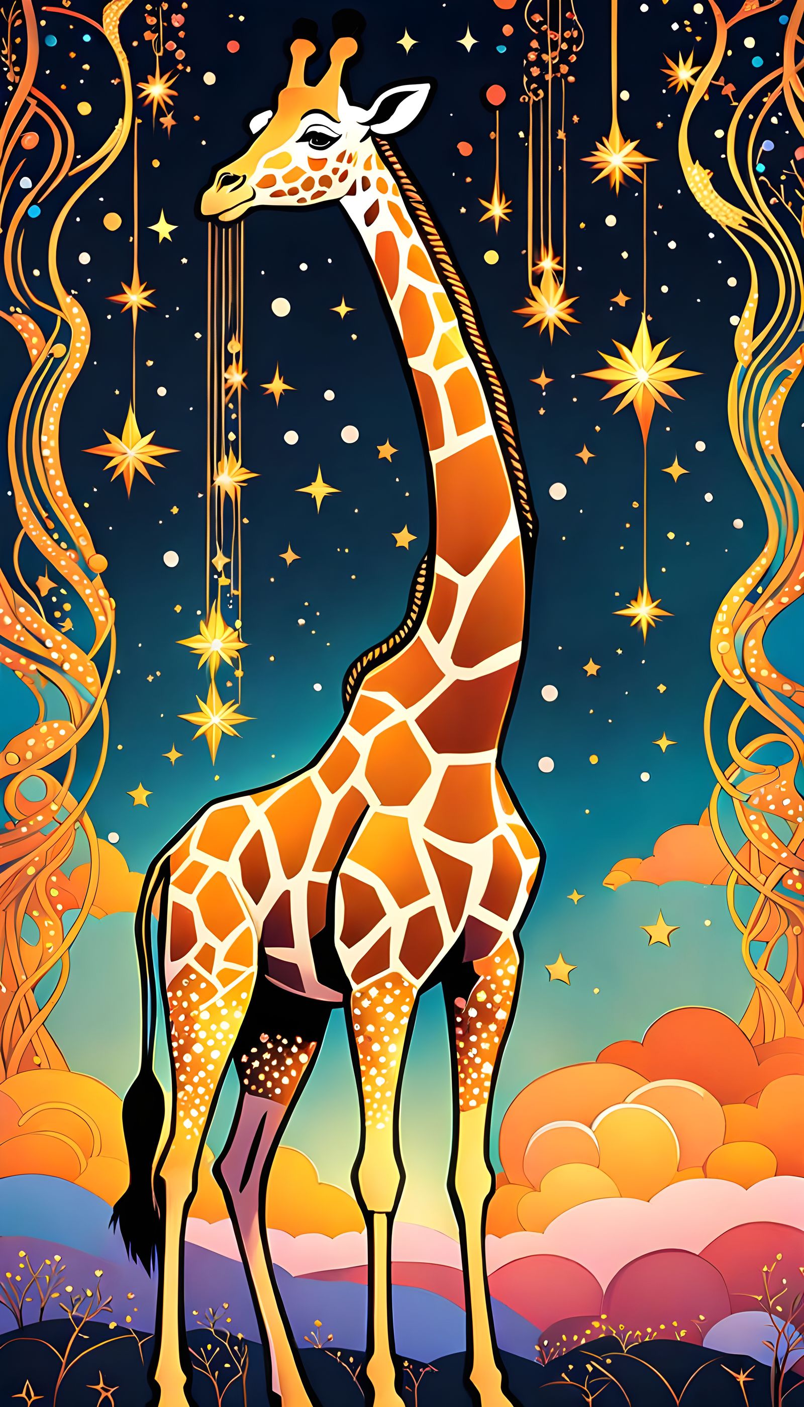 Giraffe Knitting Stars: Art Nouveau Klimt-Style