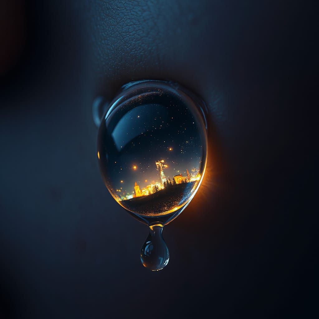 Glowing Memories Emerge from a Tear Under a Starry Sky