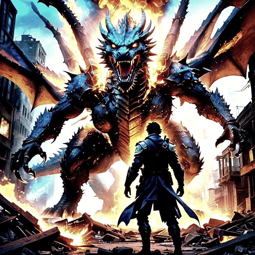 Epic Dragon and Man Engulfed in Blue Flames