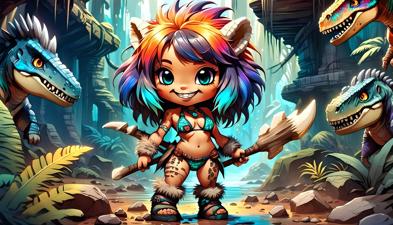 Prehistoric Chibi Babe in Cartoon Graffiti Style