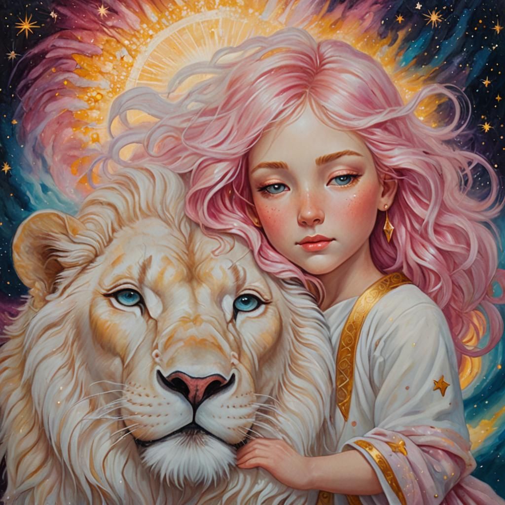 “Create a fantasy scene featuring a young girl with vibrant ...