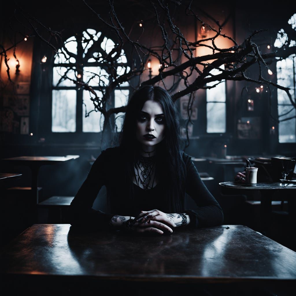 Gothic Model in Coffee Shop: Tim Burton Inspired Photography