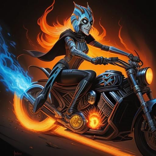 Ahsoka as Ghost Rider With Flaming Skull