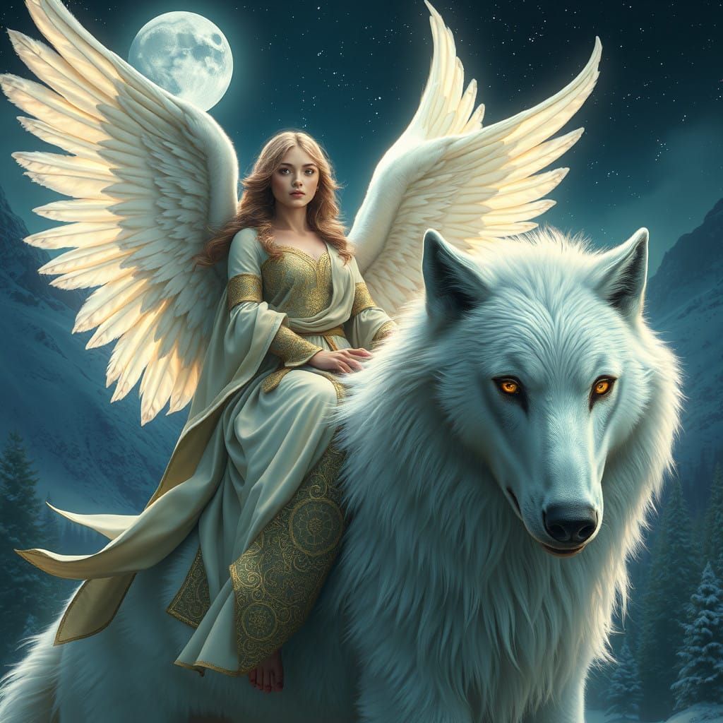 Serene Angel Rides Majestic White Wolf in Mystical Landscape