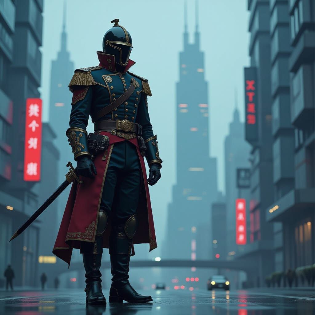 Futuristic Hussar in Cyberpunk Cityscape