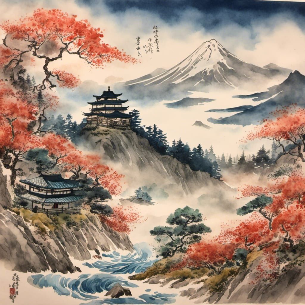 Mount Fuji Watercolor in Nihonga Style