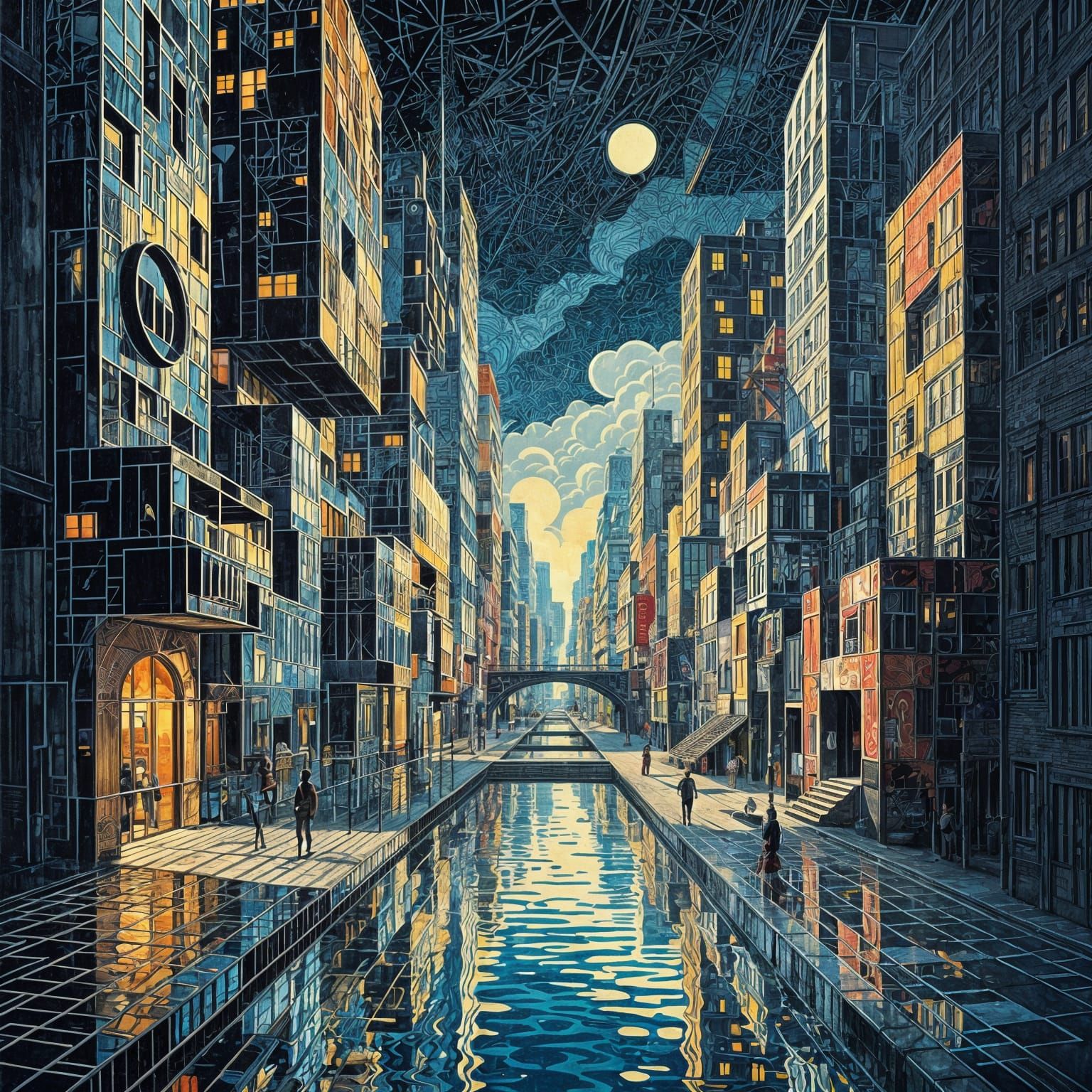 M.C. Escher.. Futuristic paradoxical art woodcut and woodblo...