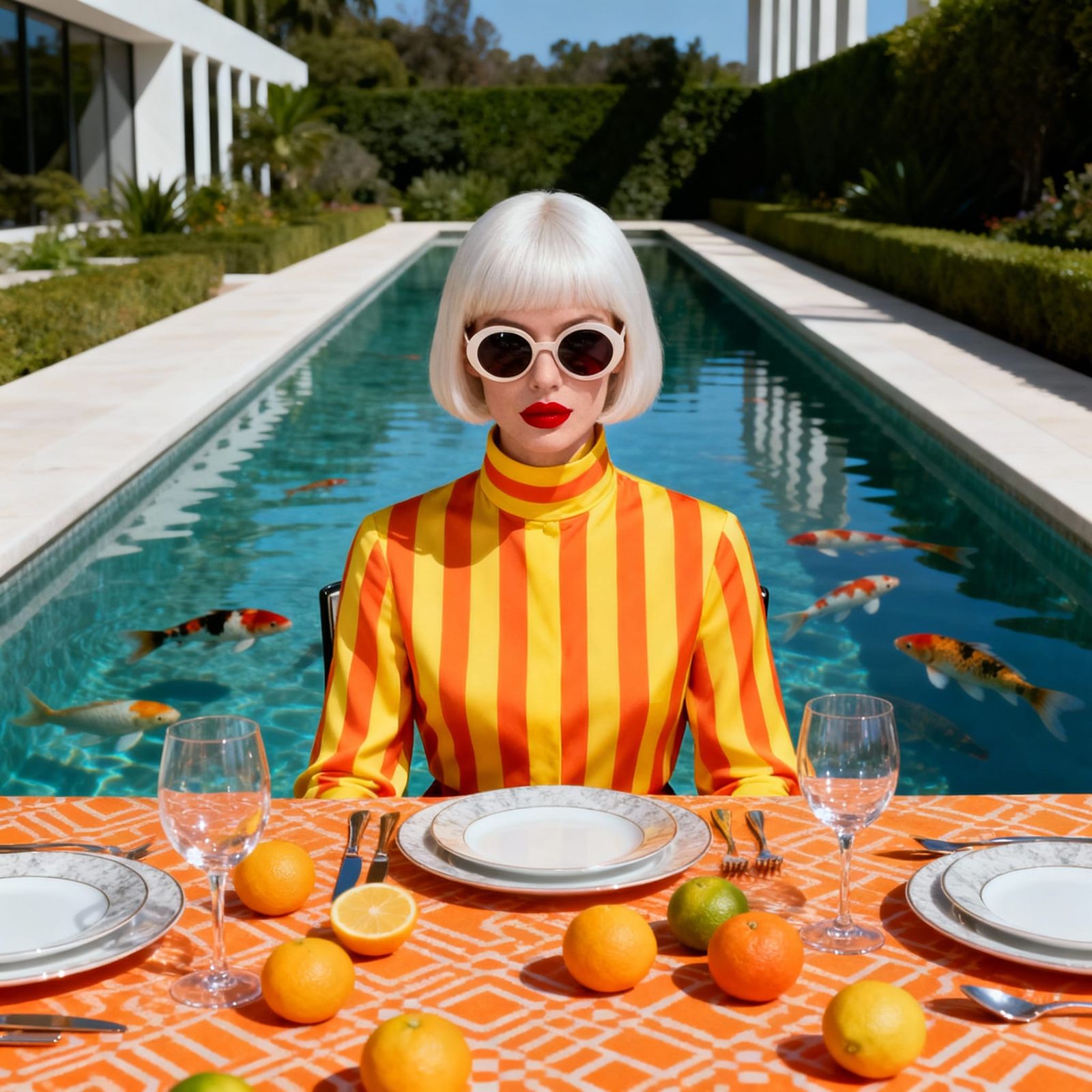 Woman at Luxury Table with Koi Pond