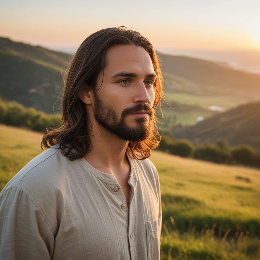 Jesus Christ in Golden Hour, Serene Landscape