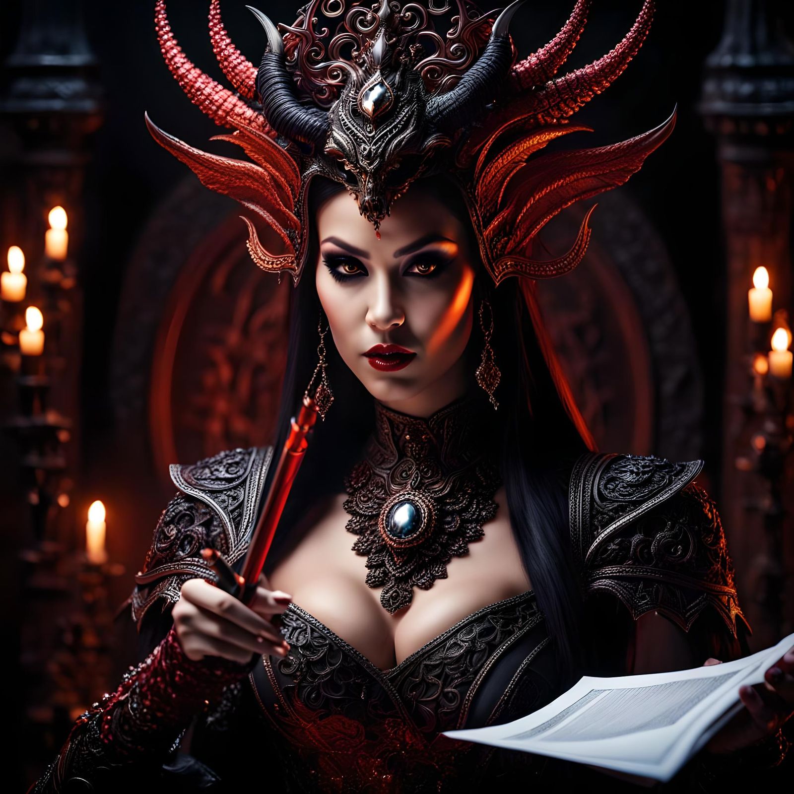 Demon Temptress Offers Contract: Hyperrealistic Image
