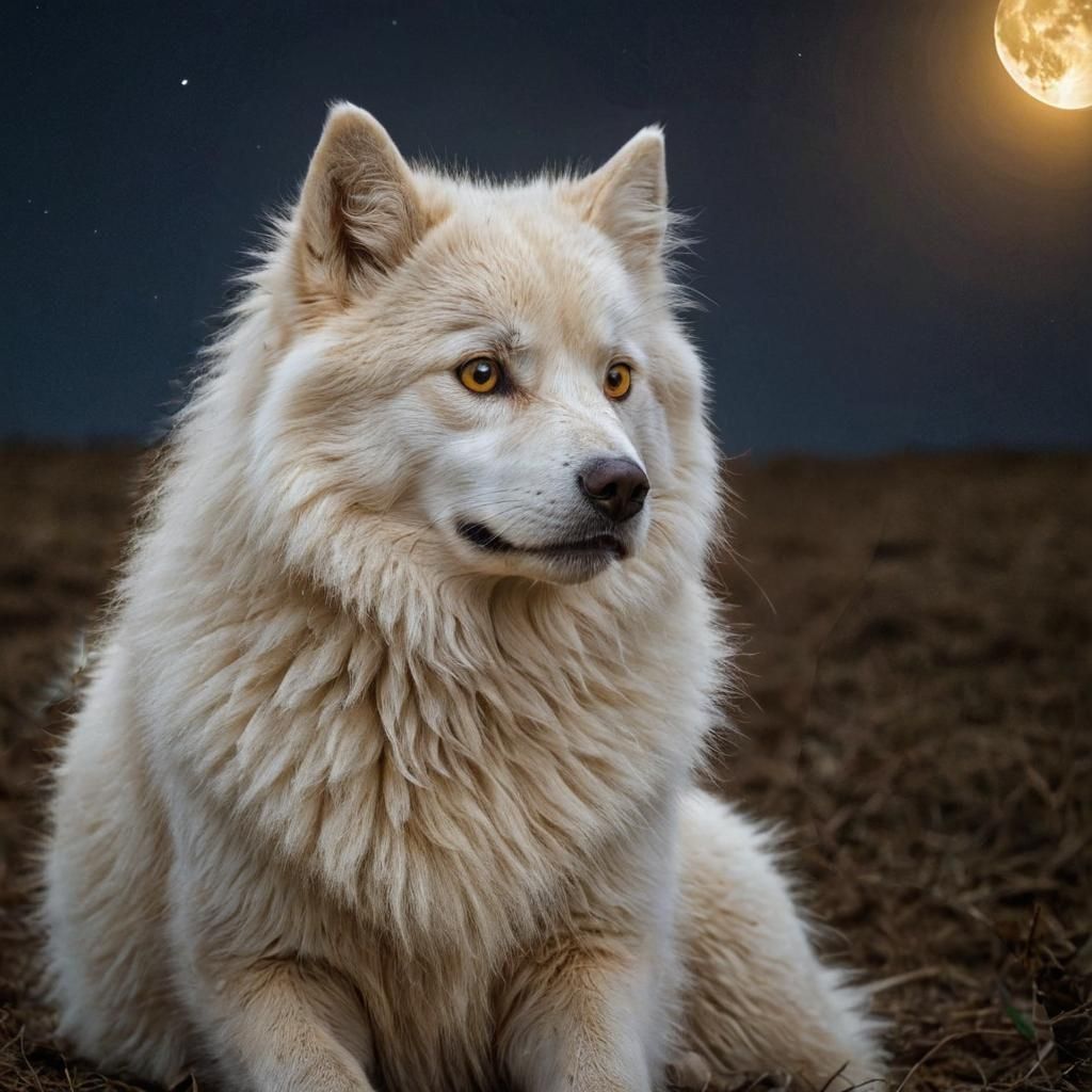 Fluffy White Cat Under Moonlight: Cinematic Film Still