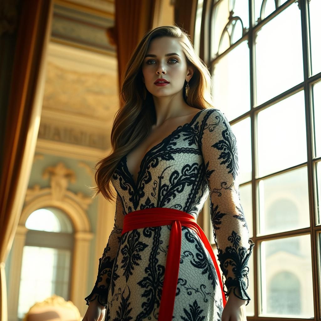 Elegant Woman in Lace Dress by Window: Cinematic Still