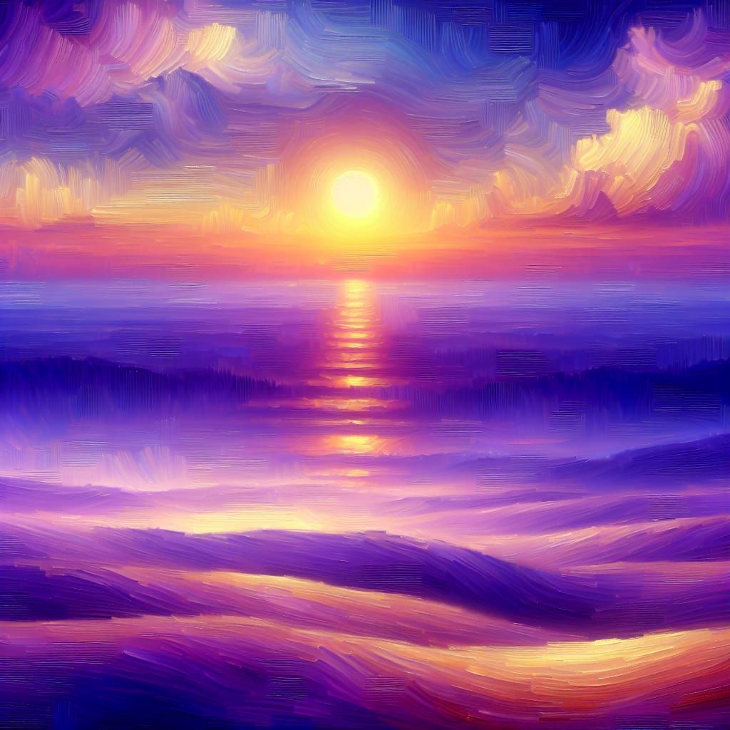 Ethereal Purple Sunset in Traditional Oil Painting Style