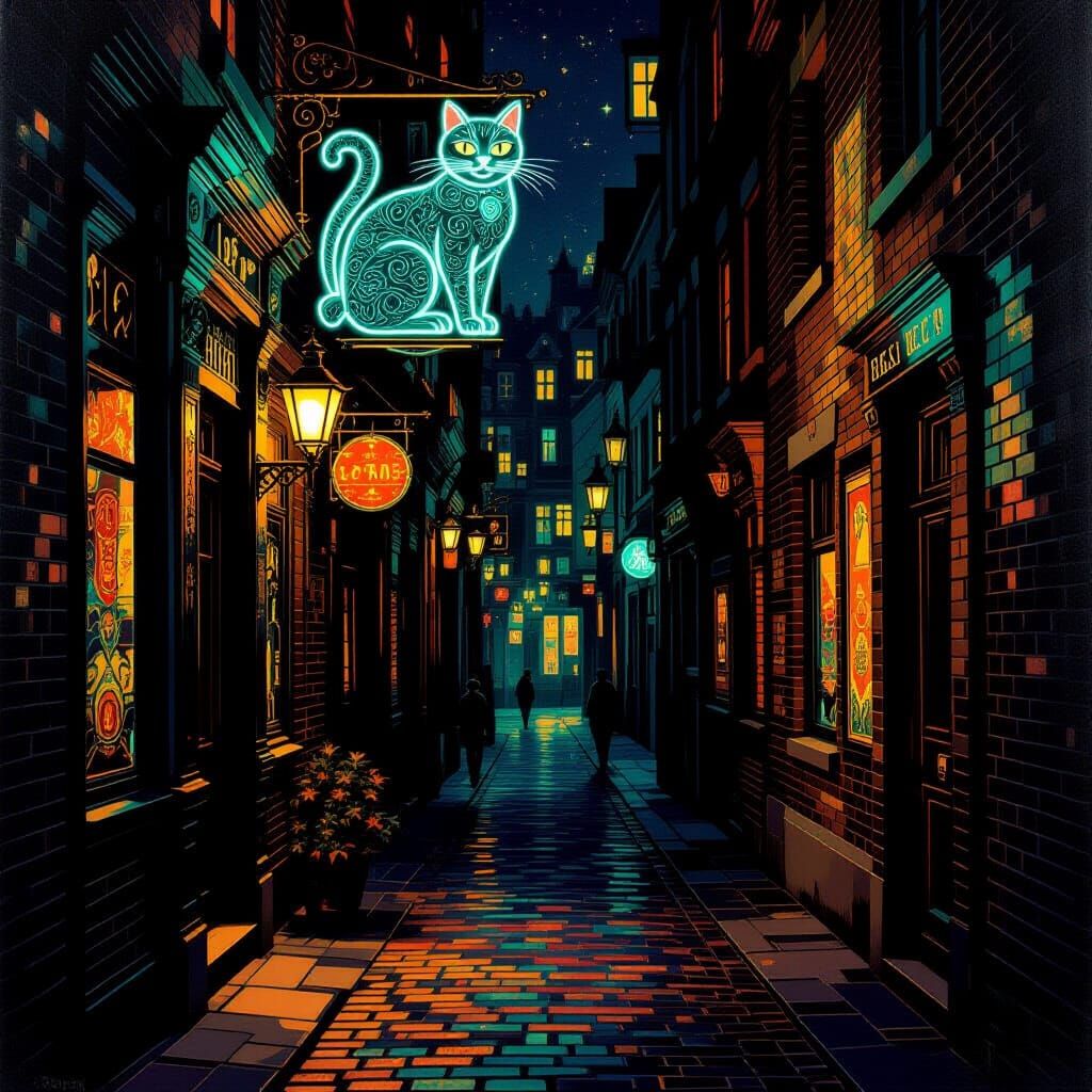 Klimt Style Neon Cat Pub Entrance at Night