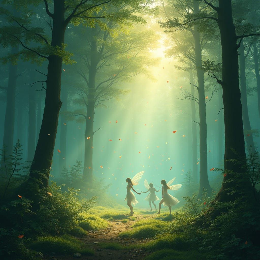 Ancient Woodland Spirits Dancing in Ethereal Light
