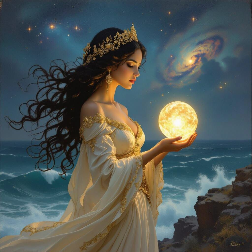 Majestic Spanish Woman with Glowing Orb on Cliff