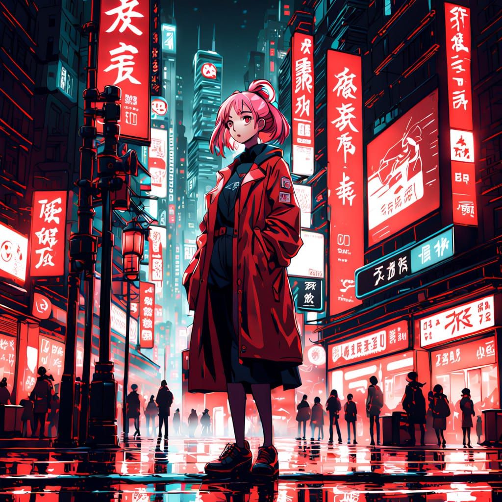 Anime-Inspired City Night Scene with Young Woman
