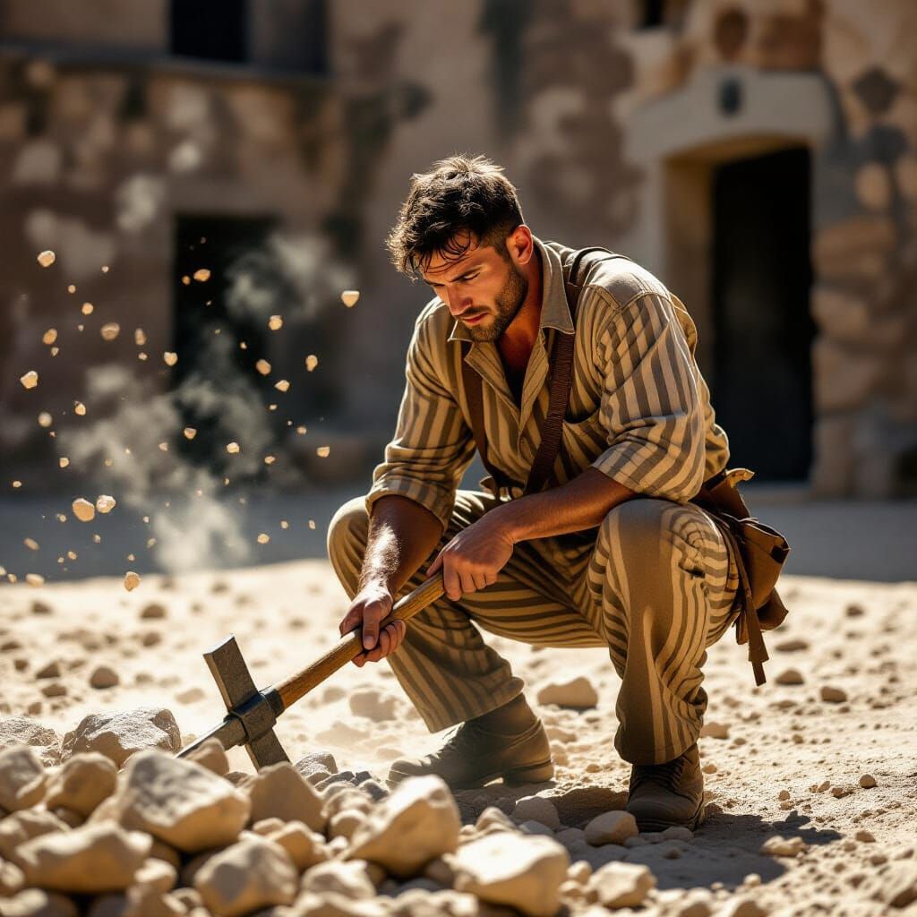 Weary Prisoner Breaking Rocks in Historic Spanish Prison