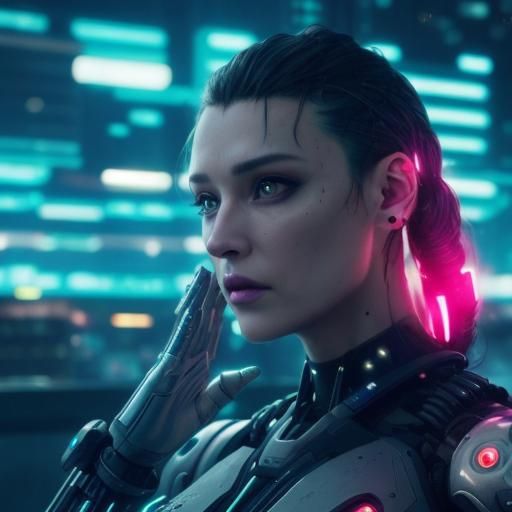 Female Cyberpunk Cyborg in Biopunk Cityscape