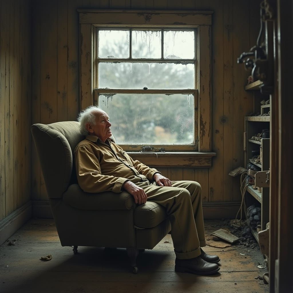 Rustic Realism: Old Man Watching Rain