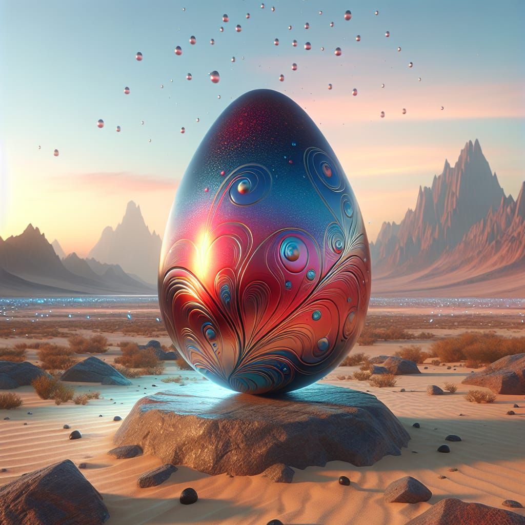 Iridescent Egg on Stone Platform in Desert