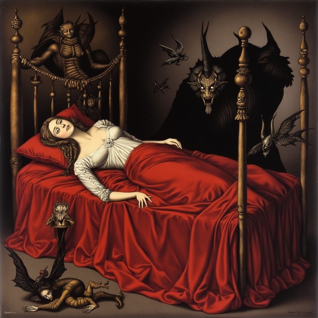 Ethereal Woman in Crimson Bed, Beset by Dark Beings, in Rena...