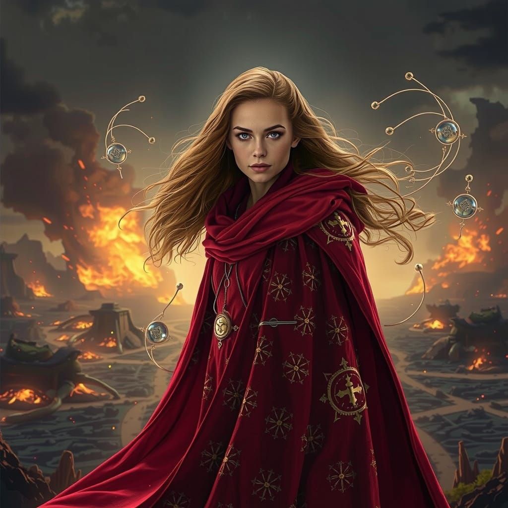 A serene Wanda Maximoff in battle field in Asgard.