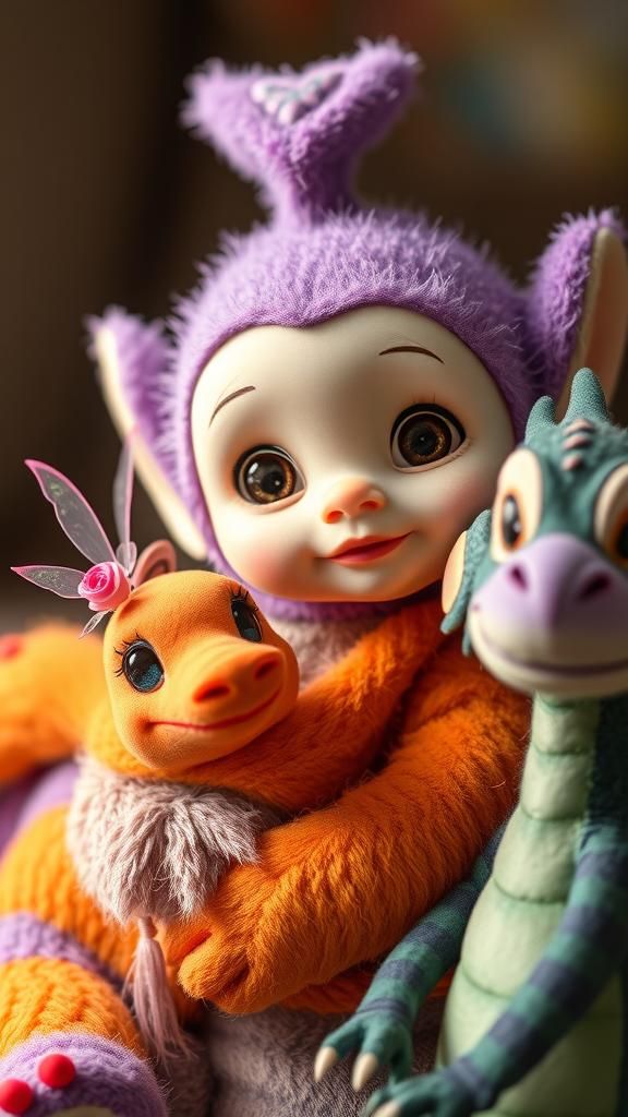 Cartoon Furry Teletubby with Dragon and Fairy