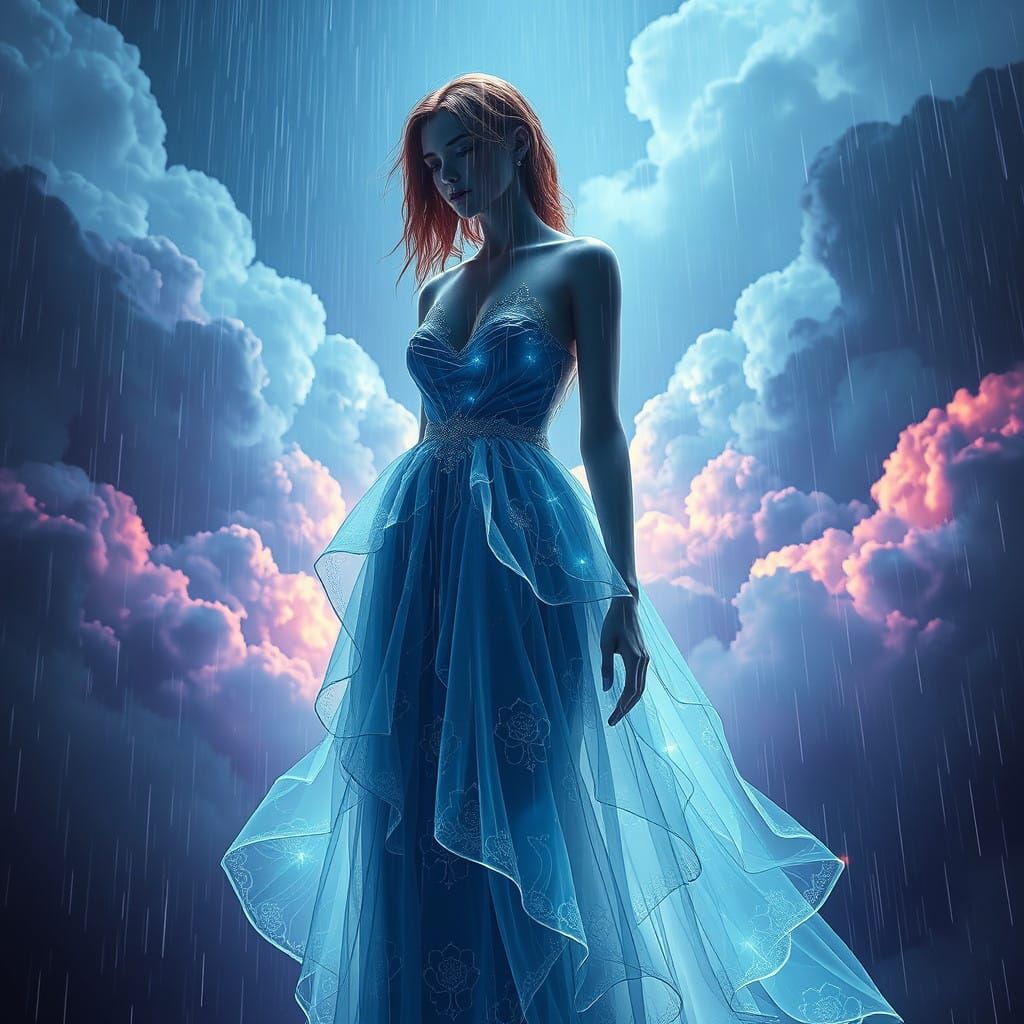 Model wearing a dress of clouds, rain, lightening. blacklight blueprint