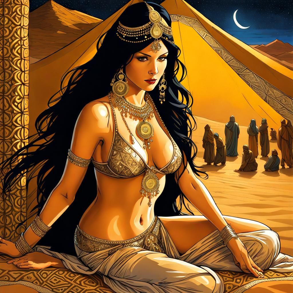 Sensual Belly Dancer in Desert Night: Oil Painting