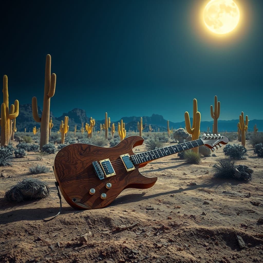 Petrified Guitar in Desert Landscape, Hyperrealistic Digital...