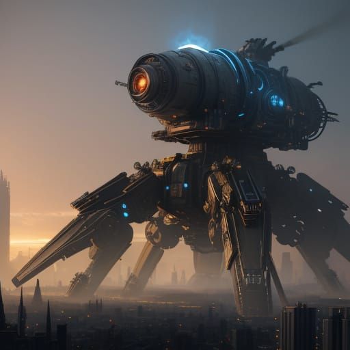 Giant Mechanical Spider in Post-Apocalyptic City