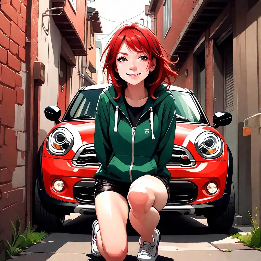 Red-Haired Woman with Mini Cooper: Anime Style