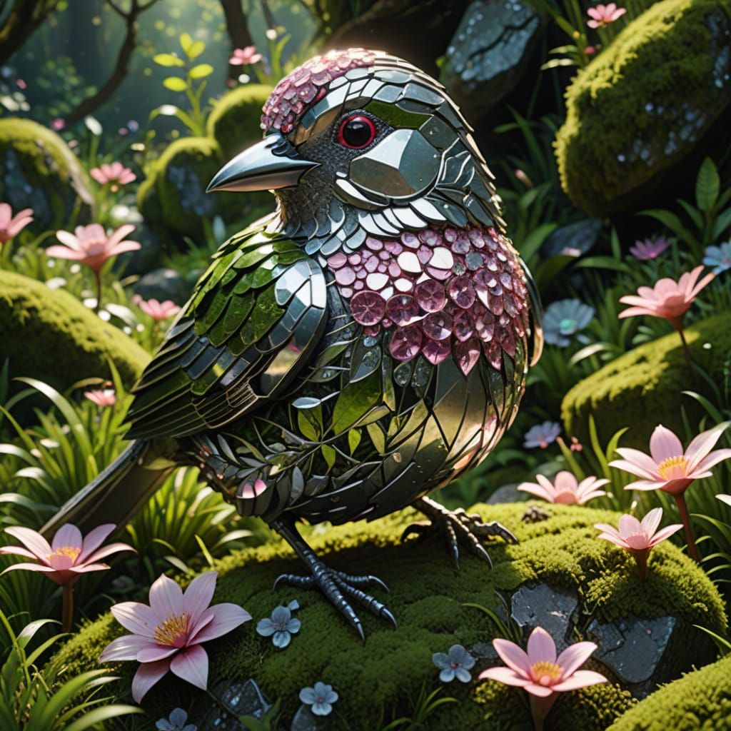 Vibrant Digital Art of a Glittering Rock Bird in Lush Foliag...