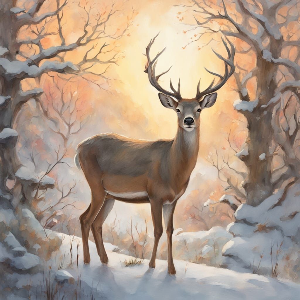 Majestic Doe at Sunrise: Winter Hints at Spring in Fantasy A...