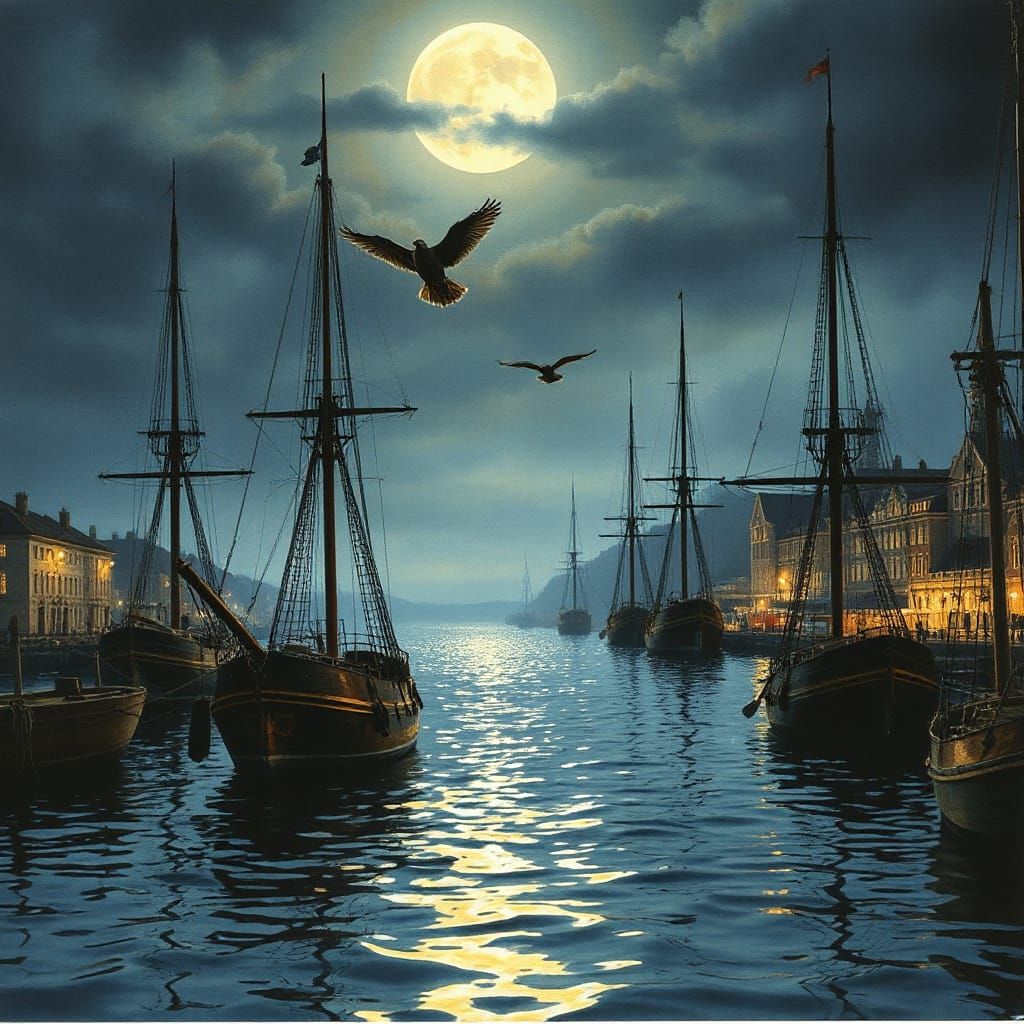 Moonlit Harbor: Expressionist Abstract Fractal Art