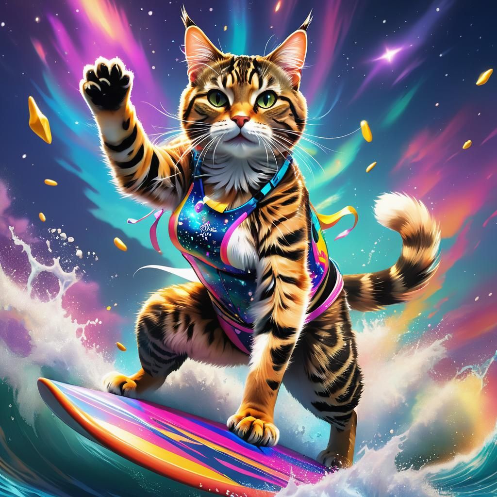 Vibrant Feline Surfer Captured in Hyperrealistic Mid Shot